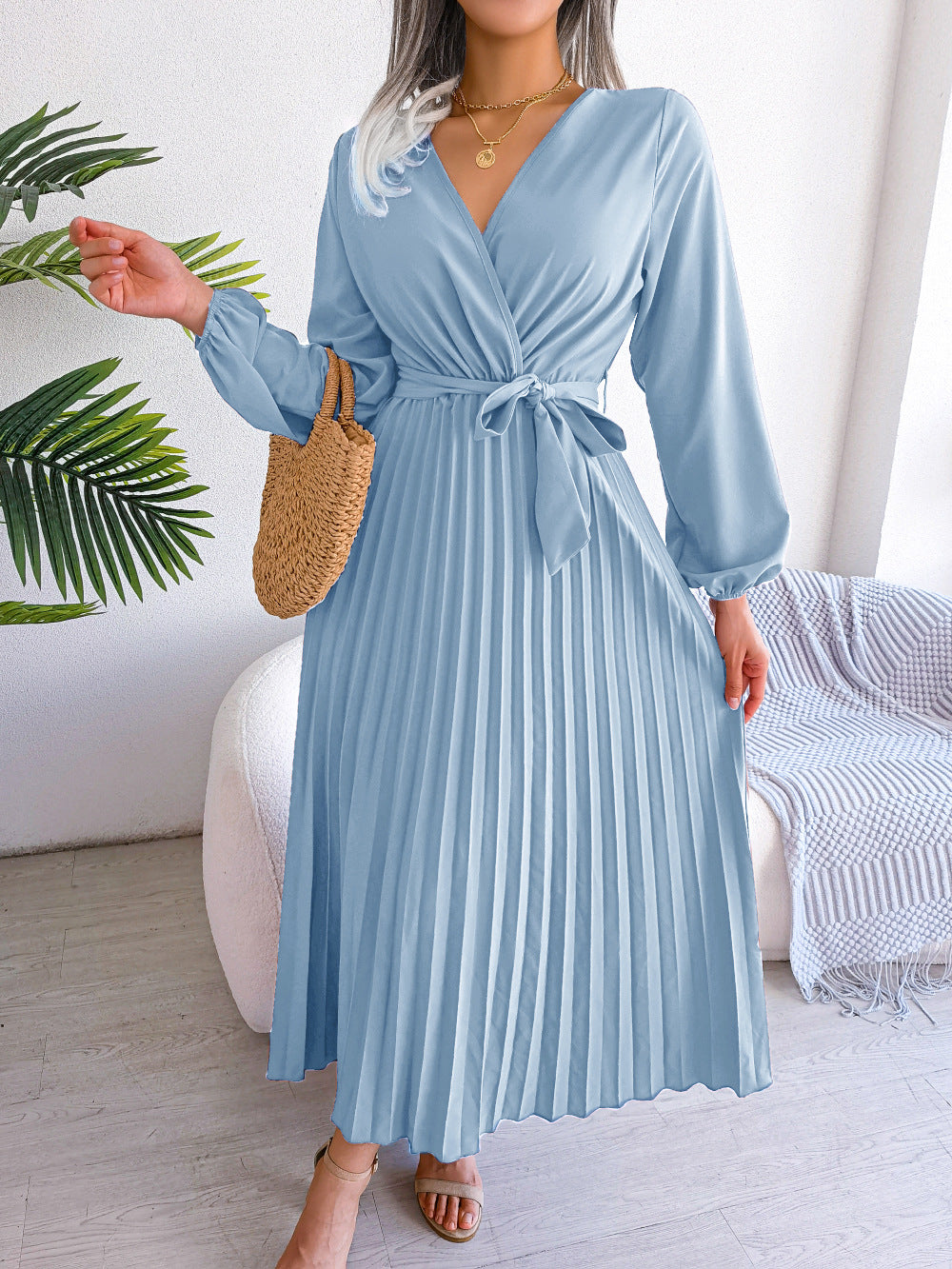 Women’s Elegant Cross Pleated Maxi – V-Neck High-Waist Chiffon Gown
