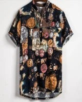 Men’s Slim Contrast Print Shirt – Tailored Square Collar Urban Top