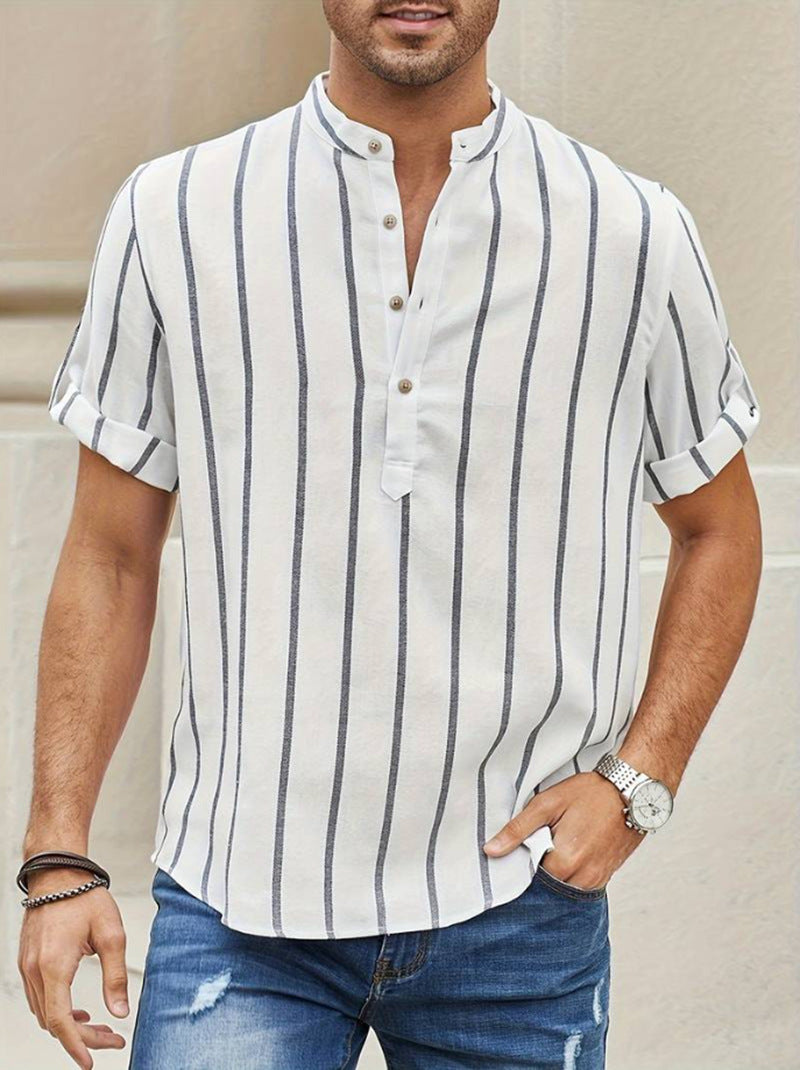Men’s Striped Linen Pullover – Summer Short-Sleeve Casual Shirt