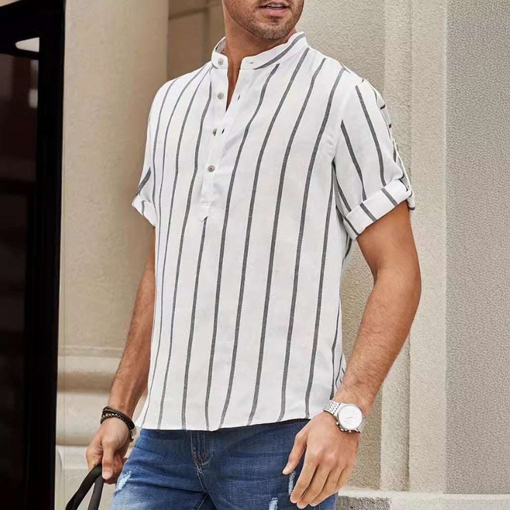 Men’s Striped Linen Pullover – Summer Short-Sleeve Casual Shirt