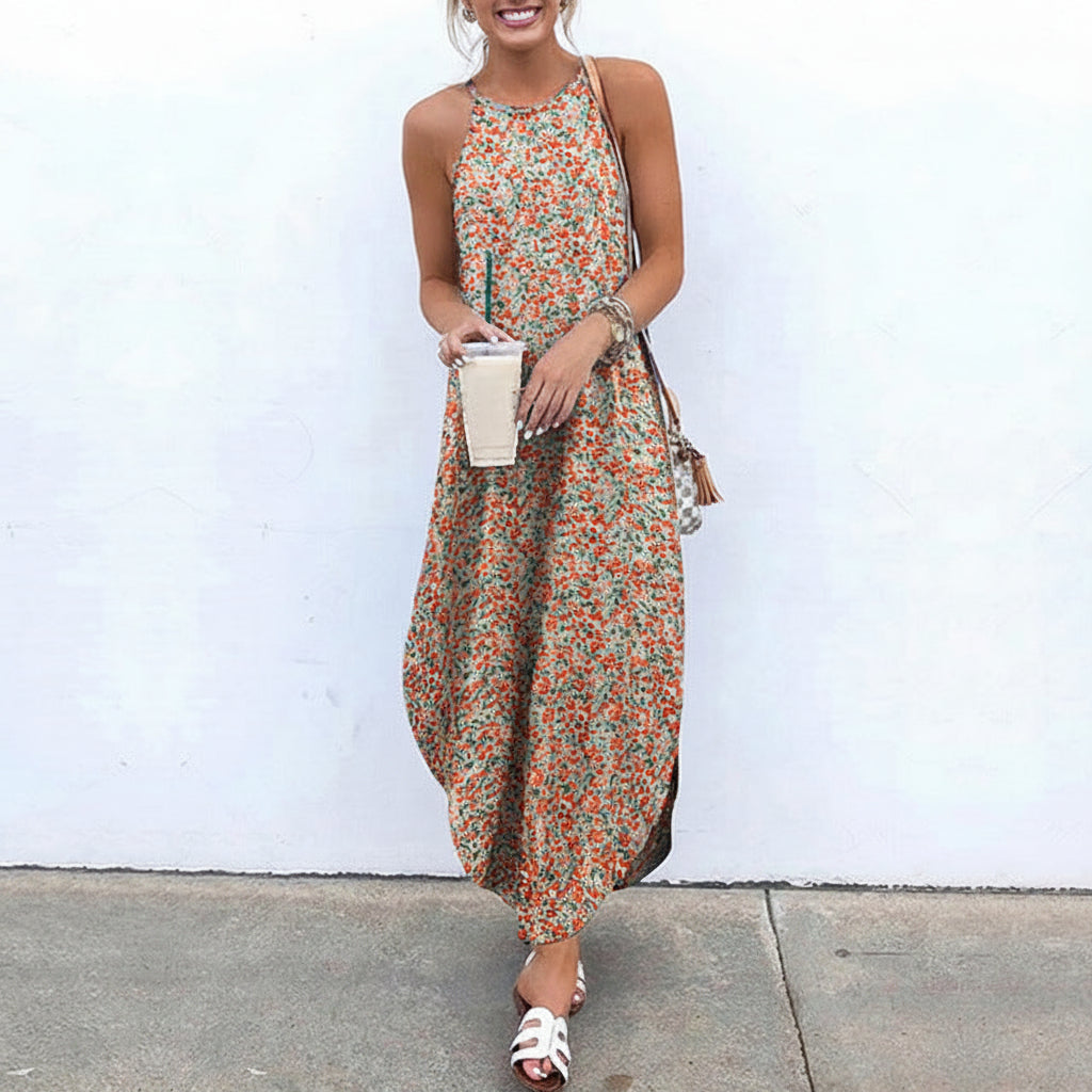 Woman wearing a floral dress with a white background and '100% Rayon' text.