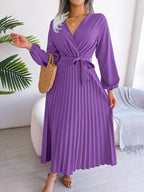Women’s Elegant Cross Pleated Maxi – V-Neck High-Waist Chiffon Gown