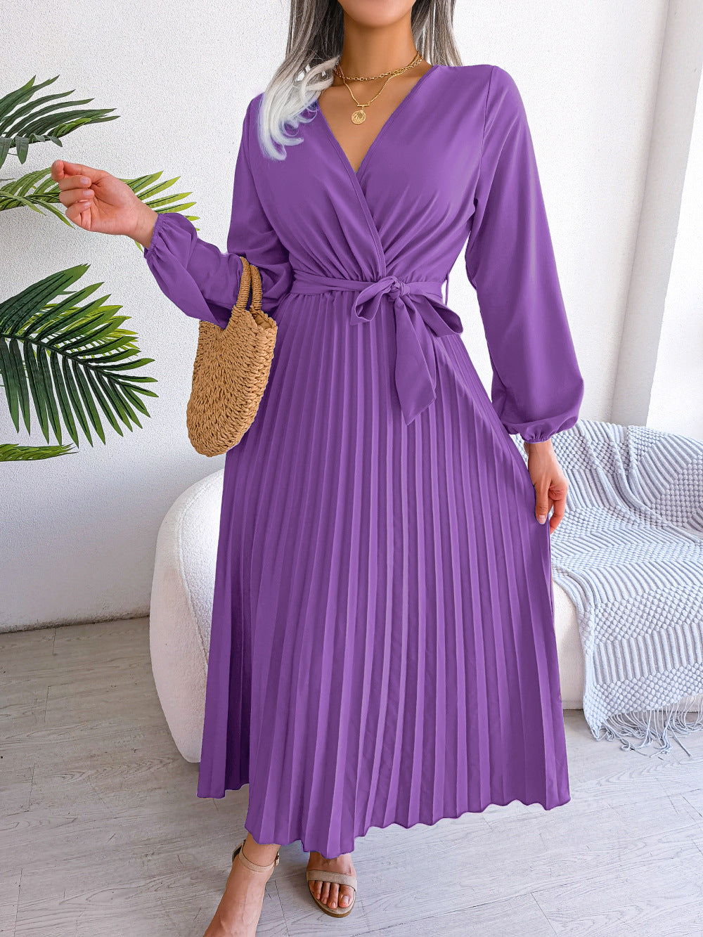 Women’s Elegant Cross Pleated Maxi – V-Neck High-Waist Chiffon Gown