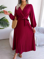 Women’s Elegant Cross Pleated Maxi – V-Neck High-Waist Chiffon Gown