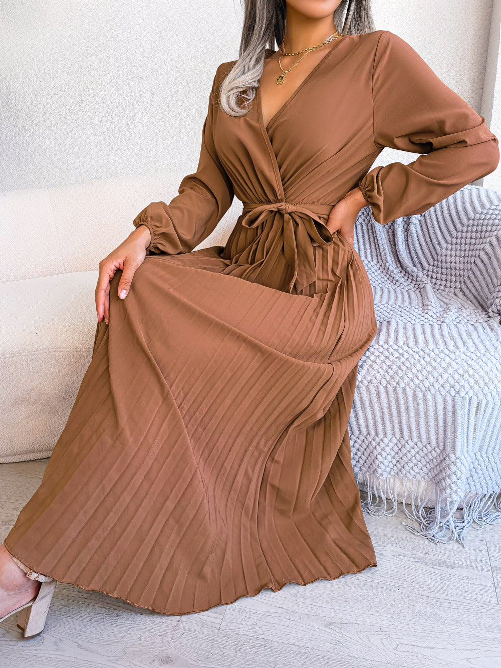 Women’s Elegant Cross Pleated Maxi – V-Neck High-Waist Chiffon Gown