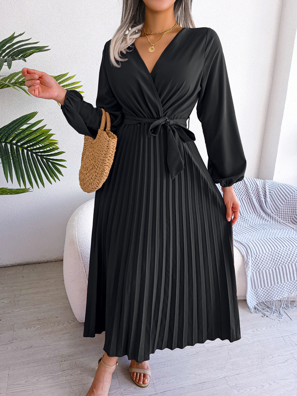 Women’s Elegant Cross Pleated Maxi – V-Neck High-Waist Chiffon Gown