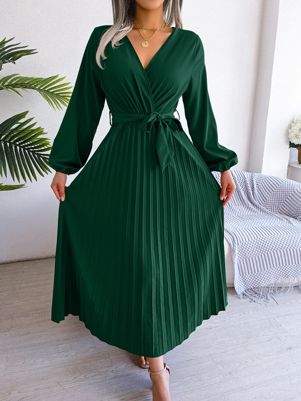 Women’s Elegant Cross Pleated Maxi – V-Neck High-Waist Chiffon Gown