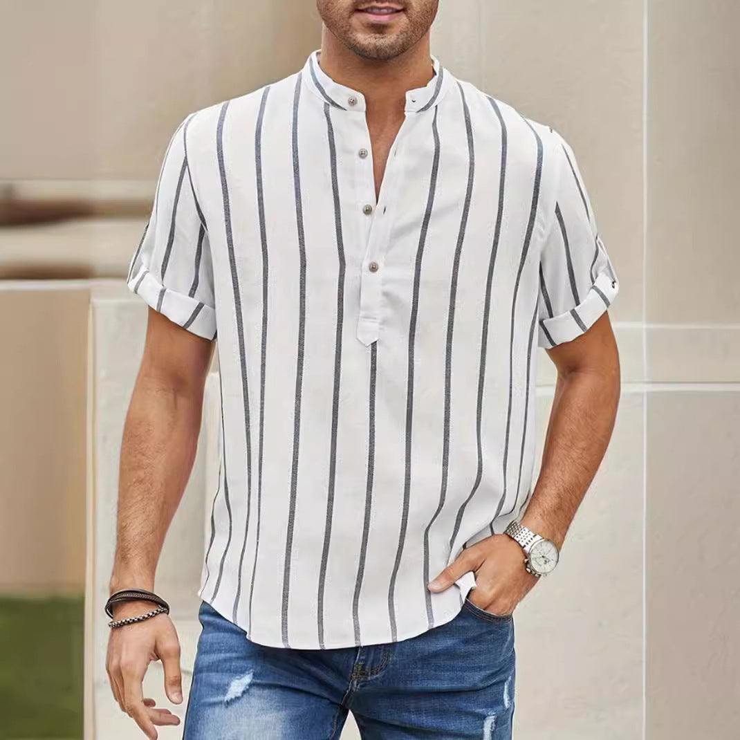 Men’s Striped Linen Pullover – Summer Short-Sleeve Casual Shirt