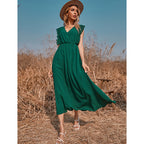 Women’s V-Neck Princess Maxi Dress – Elastic Waist Green Long Gown