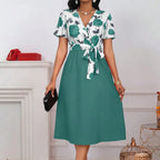 Women's Floral Print V-Neck Tie Waist Midi Dress
