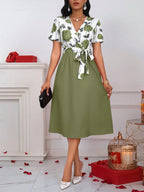 Women's Floral Print V-Neck Tie Waist Midi Dress