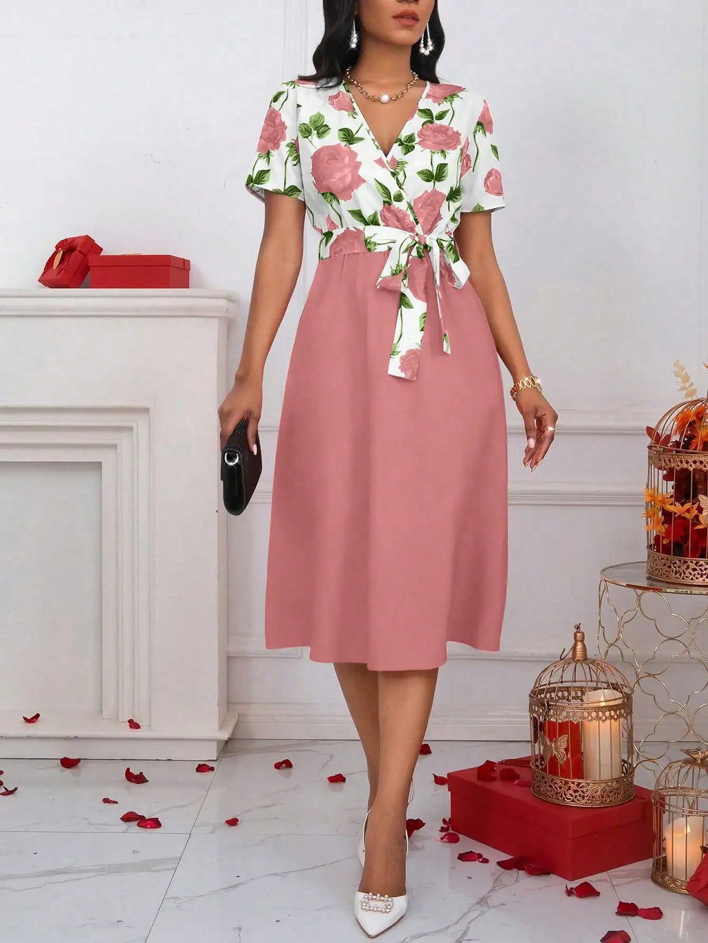 Women's Floral Print V-Neck Tie Waist Midi Dress