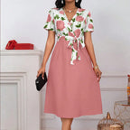Women's Floral Print V-Neck Tie Waist Midi Dress