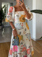 Ava - Elegant Square Neck Floral Print Midi Dress