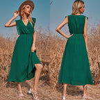 Women’s V-Neck Princess Maxi Dress – Elastic Waist Green Long Gown