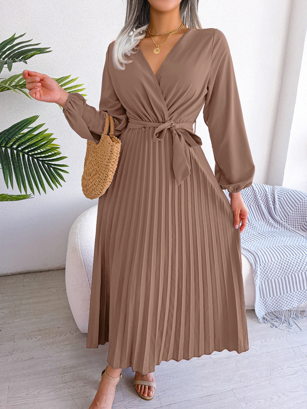 Women’s Elegant Cross Pleated Maxi – V-Neck High-Waist Chiffon Gown