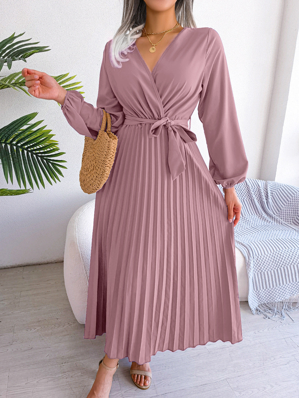Women’s Elegant Cross Pleated Maxi – V-Neck High-Waist Chiffon Gown