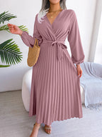 Women’s Elegant Cross Pleated Maxi – V-Neck High-Waist Chiffon Gown