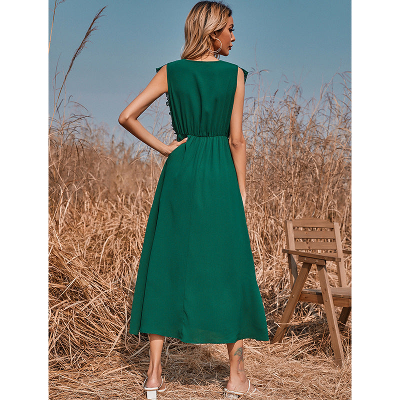 Women’s V-Neck Princess Maxi Dress – Elastic Waist Green Long Gown