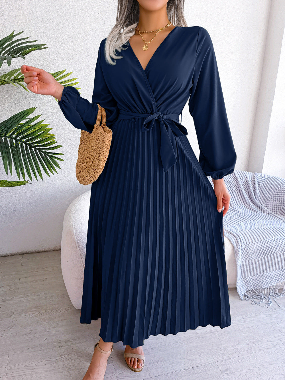 Women’s Elegant Cross Pleated Maxi – V-Neck High-Waist Chiffon Gown