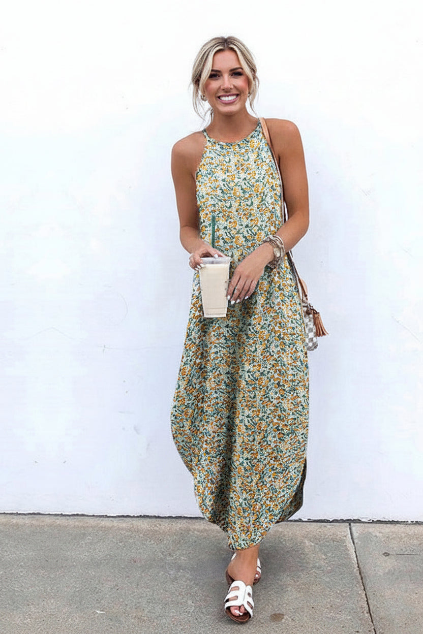 Woman wearing a floral dress with a white background and '100% Rayon' text.