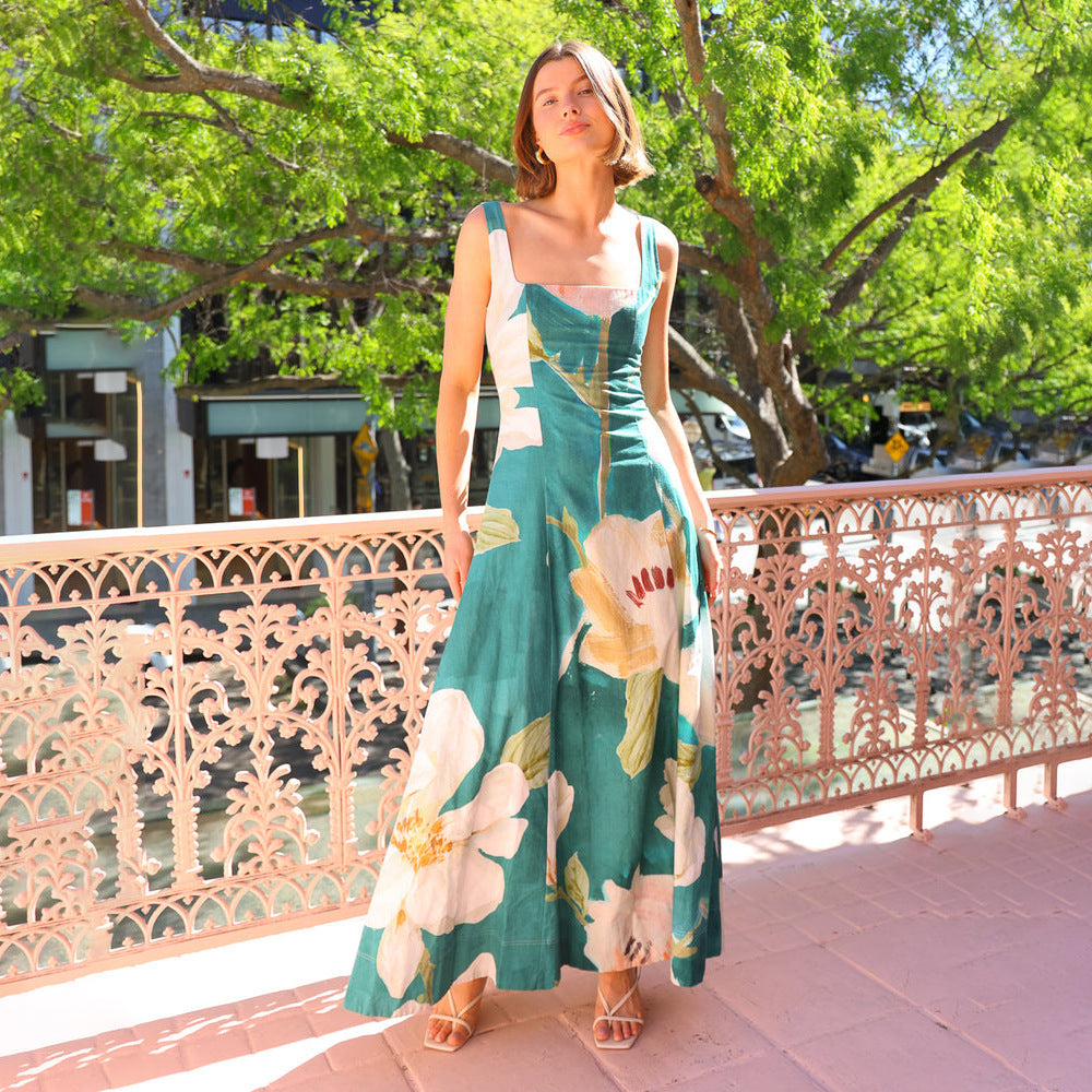 Women’s Printed Strap Maxi Dress – Elegant High-Waist Slimming Gown