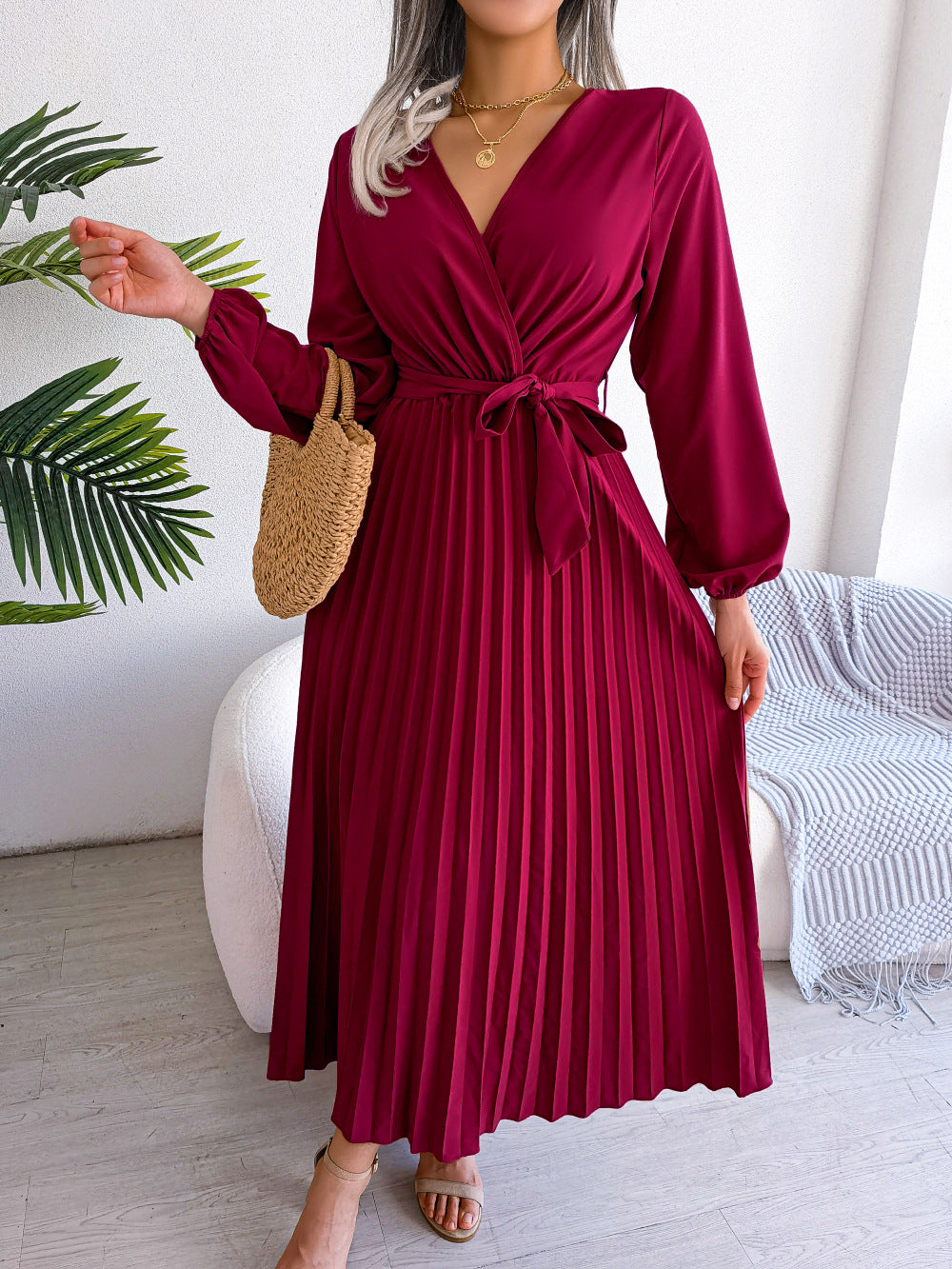 Women’s Elegant Cross Pleated Maxi – V-Neck High-Waist Chiffon Gown