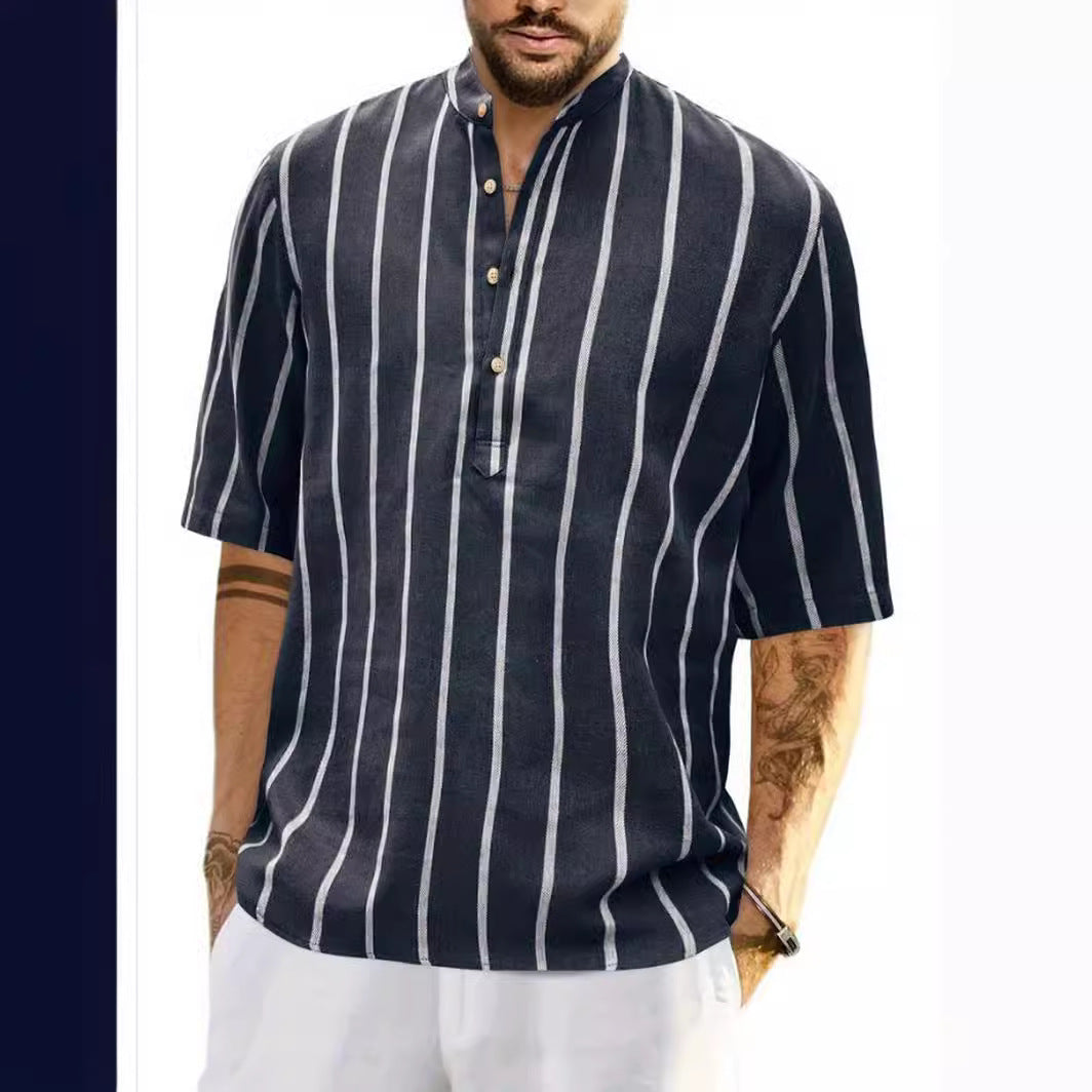 Men’s Striped Linen Pullover – Summer Short-Sleeve Casual Shirt
