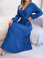 Women’s Elegant Cross Pleated Maxi – V-Neck High-Waist Chiffon Gown
