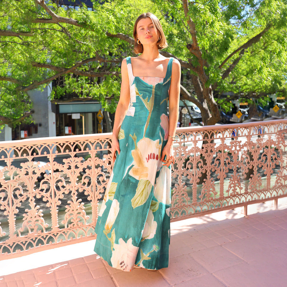 Women’s Printed Strap Maxi Dress – Elegant High-Waist Slimming Gown