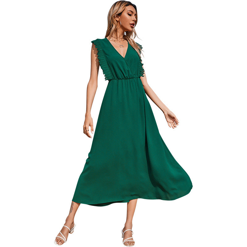 Women’s V-Neck Princess Maxi Dress – Elastic Waist Green Long Gown