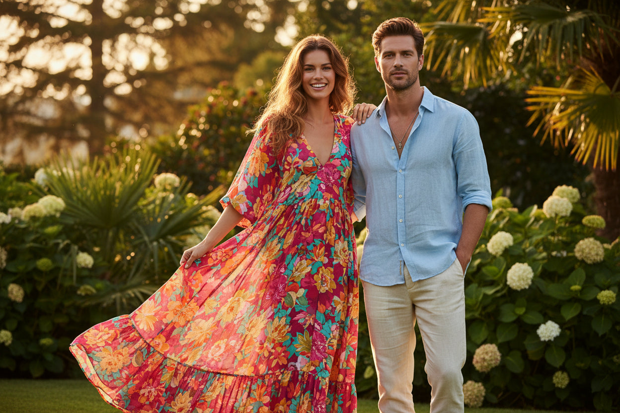 Man and woman standing together in a garden setting with lush greenery and flowers.